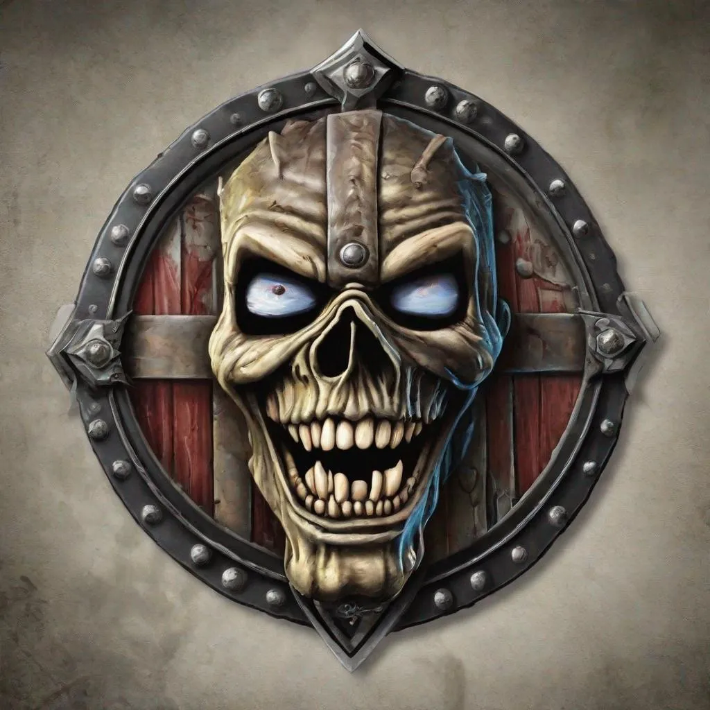 Prompt: A shield with Eddie from Iron Maiden on it