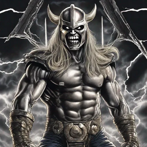 Prompt: Eddie from Iron Maiden as thor