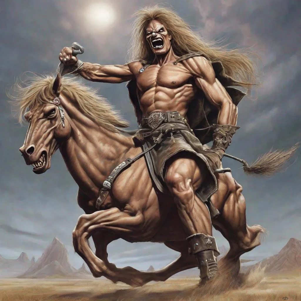 Prompt: Eddie from Iron Maiden as a centaur