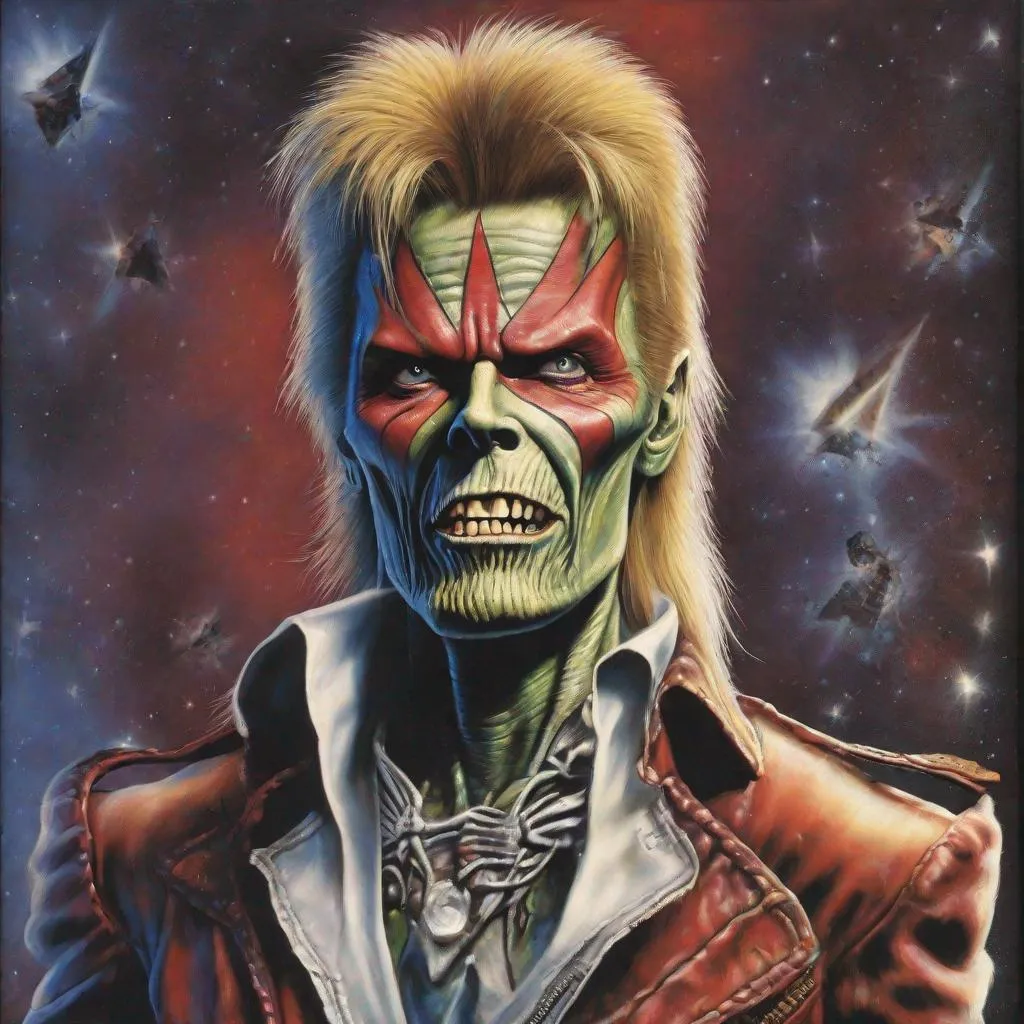 Prompt: Eddie from Iron Maiden is David Bowie 