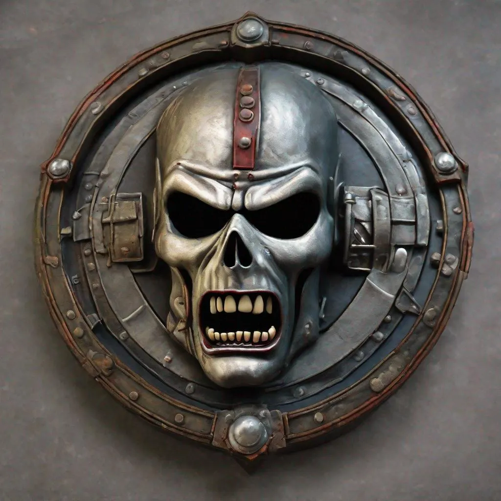 Prompt: A shield with Eddie from Iron Maiden on it