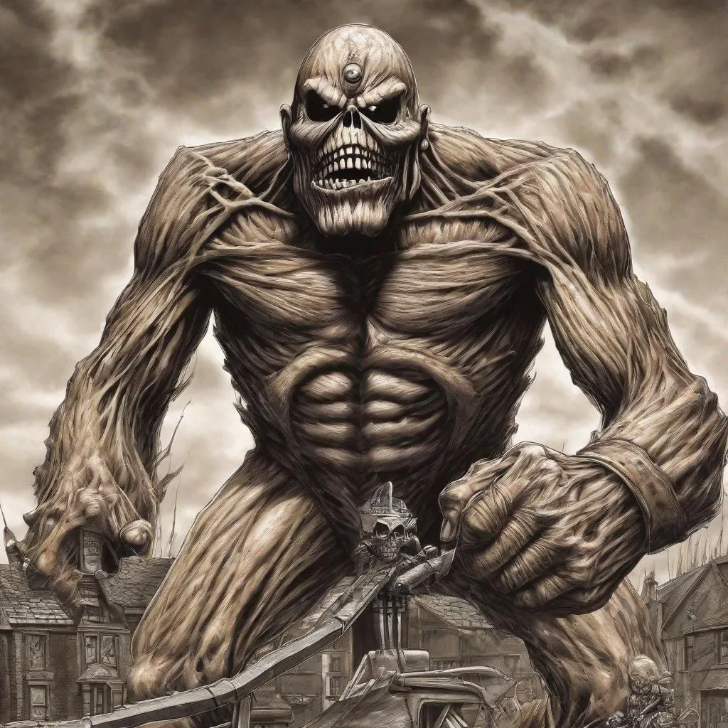 Prompt: Eddie from Iron Maiden is a giant