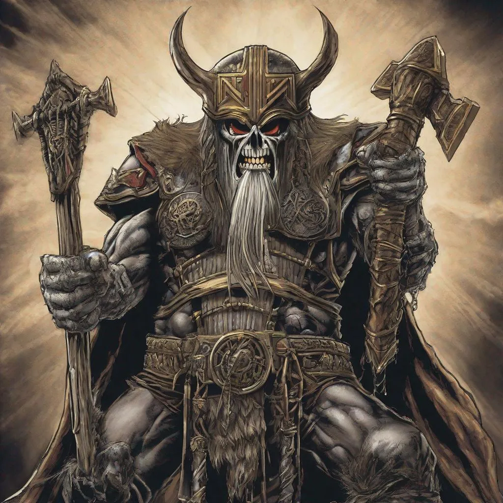 Prompt: Eddie from Iron Maiden as odin