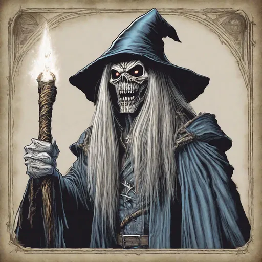 Prompt: Eddie from Iron Maiden is a wizard