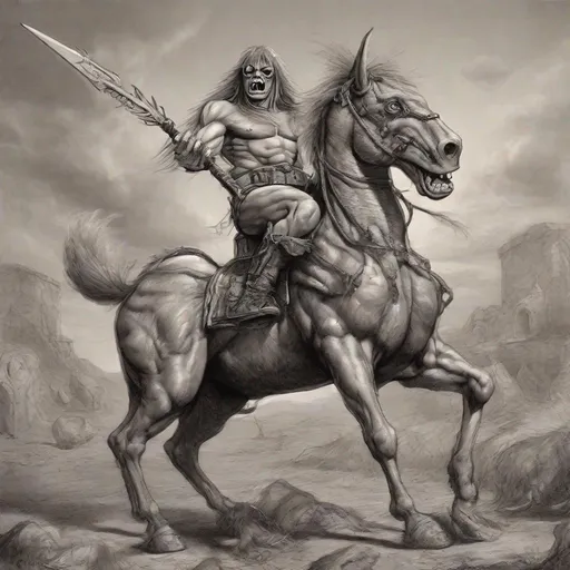 Prompt: Eddie from Iron Maiden as a centaur