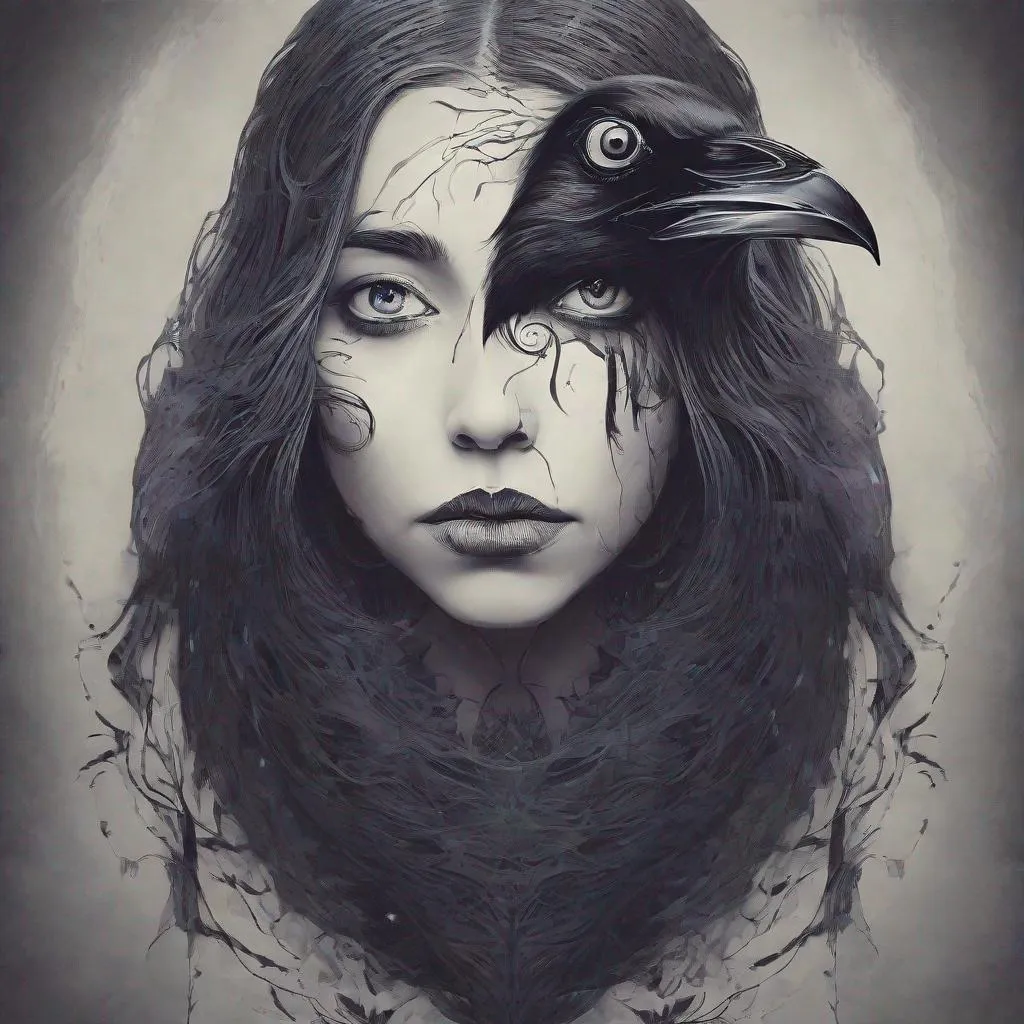 Prompt: A human soul with a ravens face