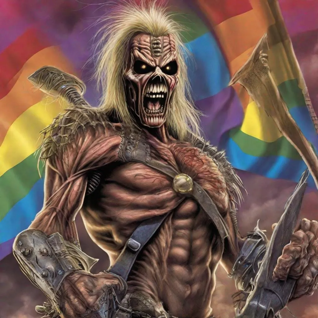 Prompt: Eddie from Iron Maiden is a lgbtqia+ defender