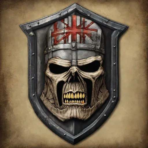 Prompt: A shield with Eddie from Iron Maiden on it