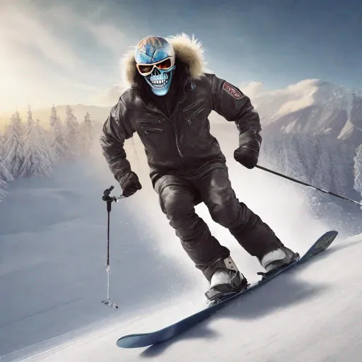 Prompt: Eddie from Iron Maiden is skiing