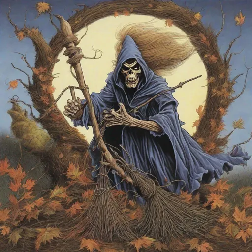 Prompt: Eddie from Iron Maiden is on a witches broom