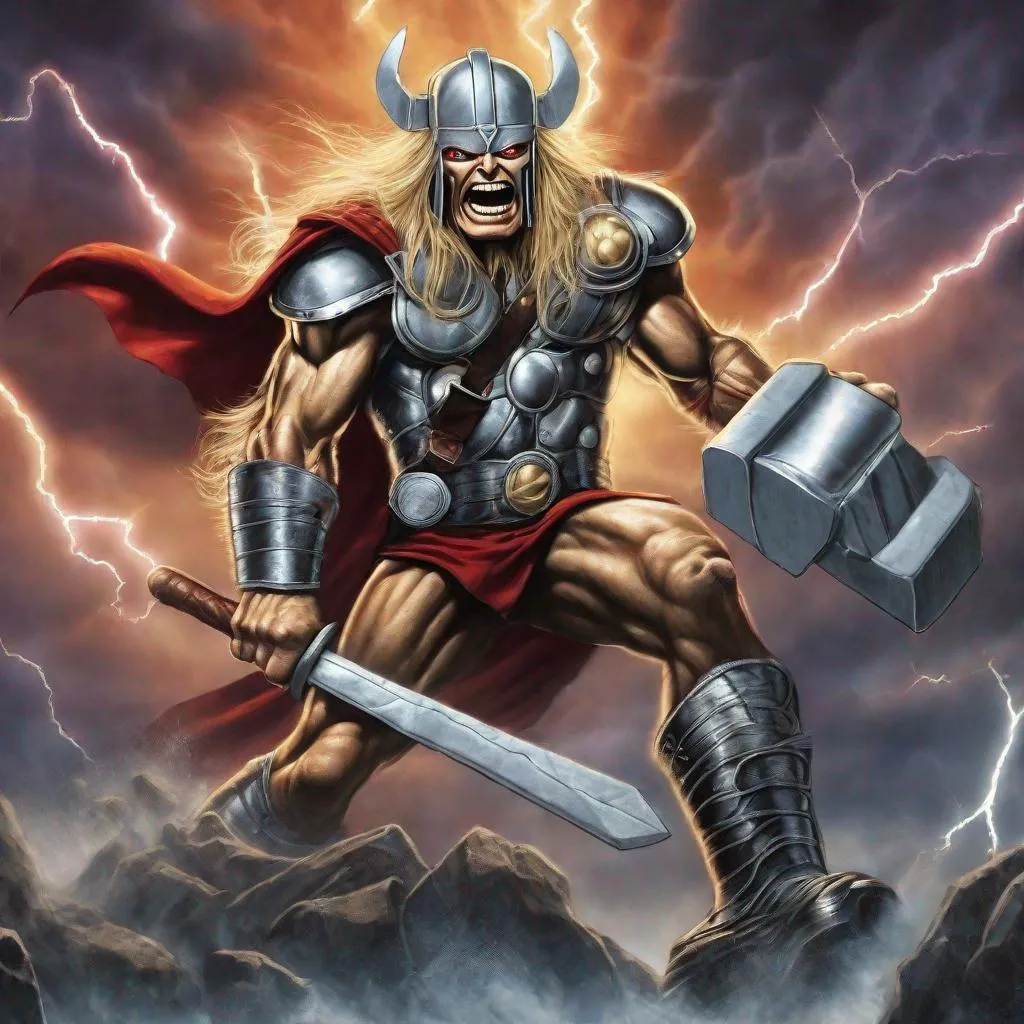 Prompt: Eddie from Iron Maiden as thor