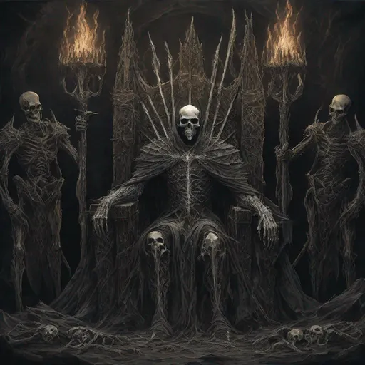 Prompt: In the darkest depths of mordor sits the bone king on his throne of bones with the souls of the buried subordinates next to him