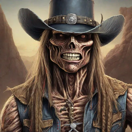 Prompt: Eddie from Iron Maiden as a cowboy