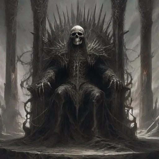 Prompt: In the darkest depths of mordor sits the bone king on his throne of bones with the souls of the buried subordinates next to him