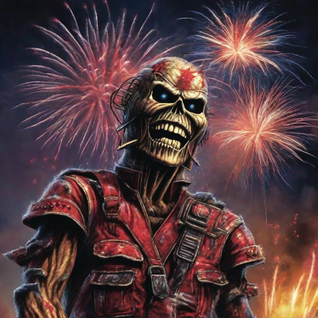 Prompt: Eddie from Iron Maiden as fireworks 