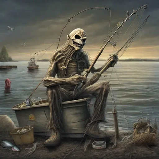 Prompt: Eddie from Iron Maiden is a fishermen