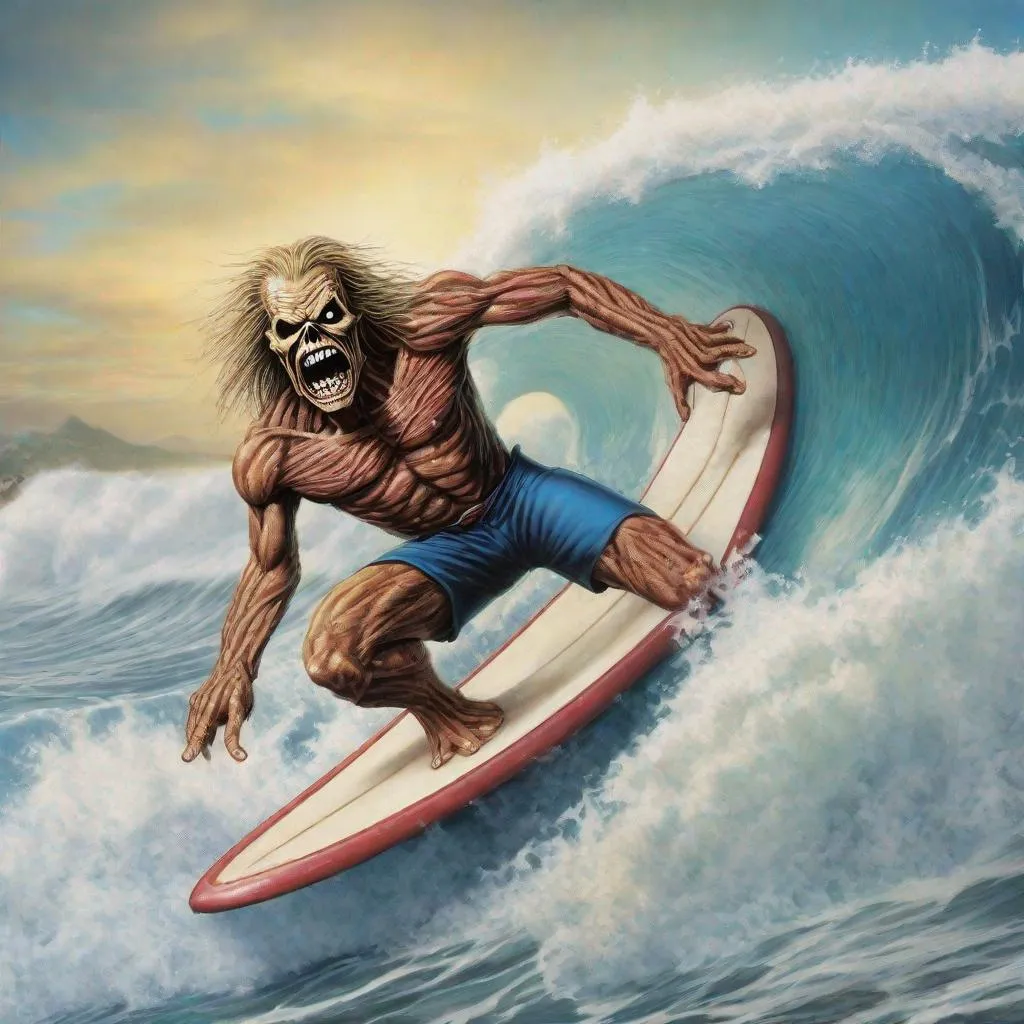 Prompt: Eddie from Iron Maiden as a surfer is surfing 