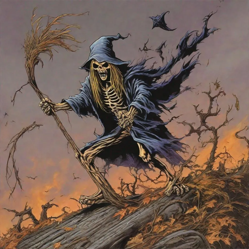 Prompt: Eddie from Iron Maiden is on a witches broom