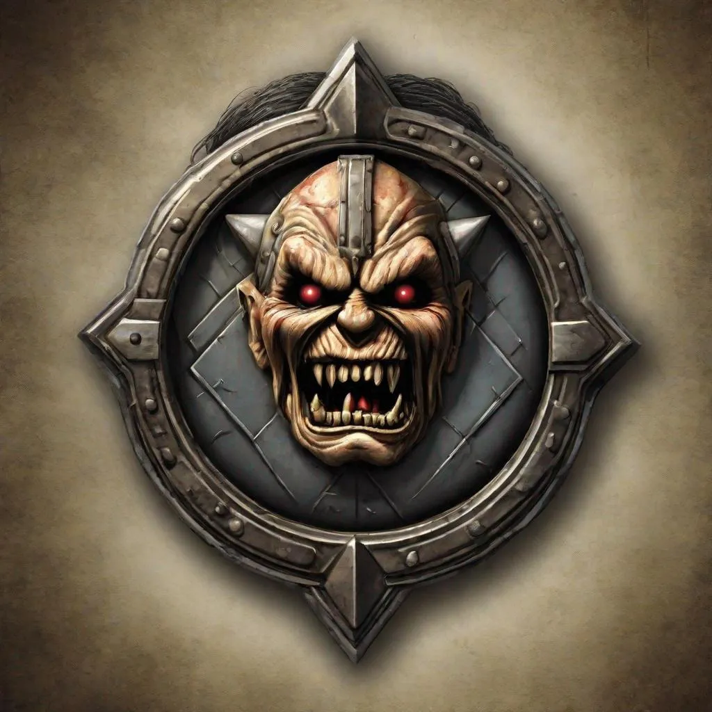 Prompt: A shield with Eddie from Iron Maiden on it