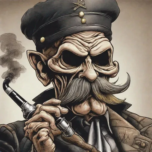 Prompt: Eddie from Iron Maiden has a mustache and is smoking a pipe