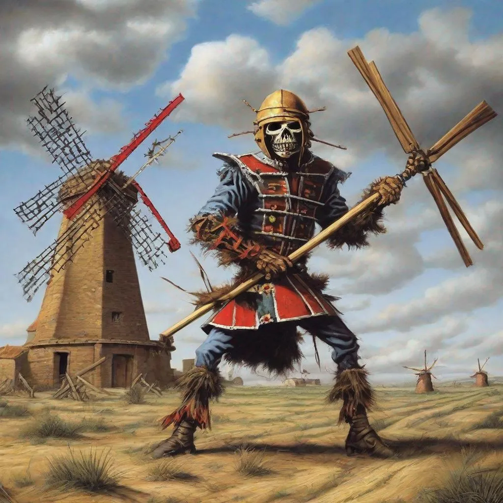 Prompt: Eddie from Iron Maiden as don Quichot fighting windmills