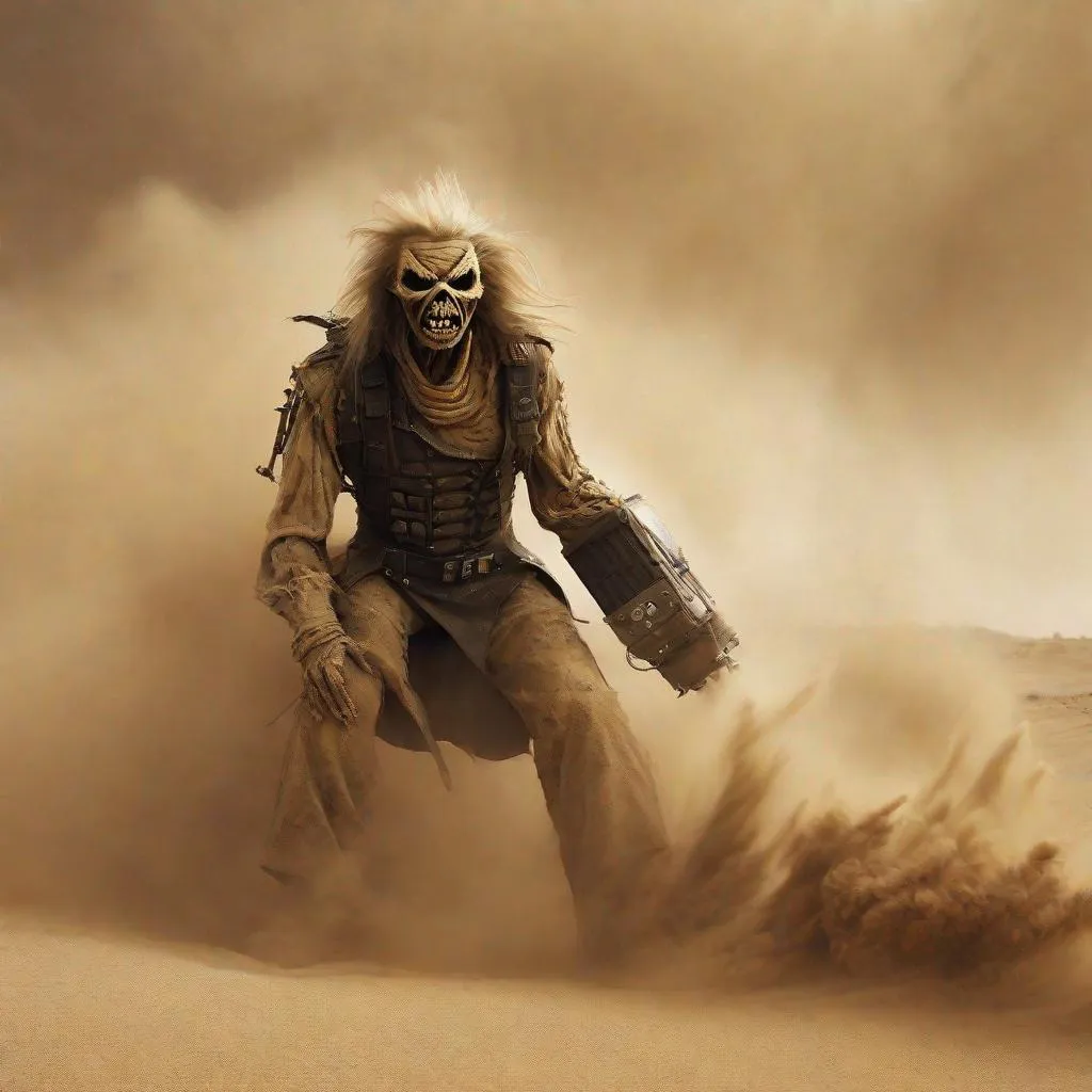 Prompt: Eddie from Iron Maiden, his face in a sandstorm