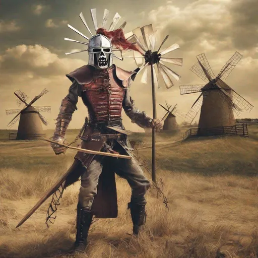 Prompt: Eddie from Iron Maiden as don Quichot fighting windmills