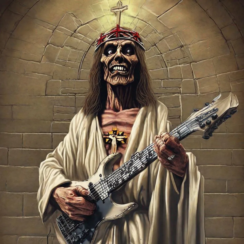 Prompt: Eddie from Iron Maiden as christ