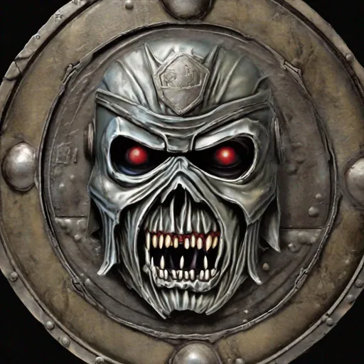 Prompt: A shield with Eddie from Iron Maiden on it