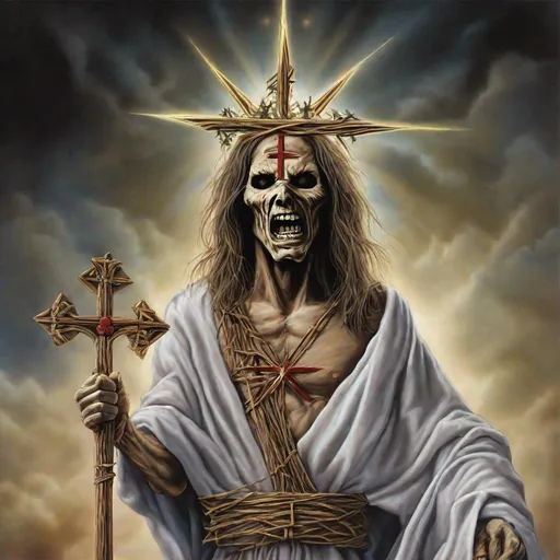 Prompt: Eddie from Iron Maiden as christ