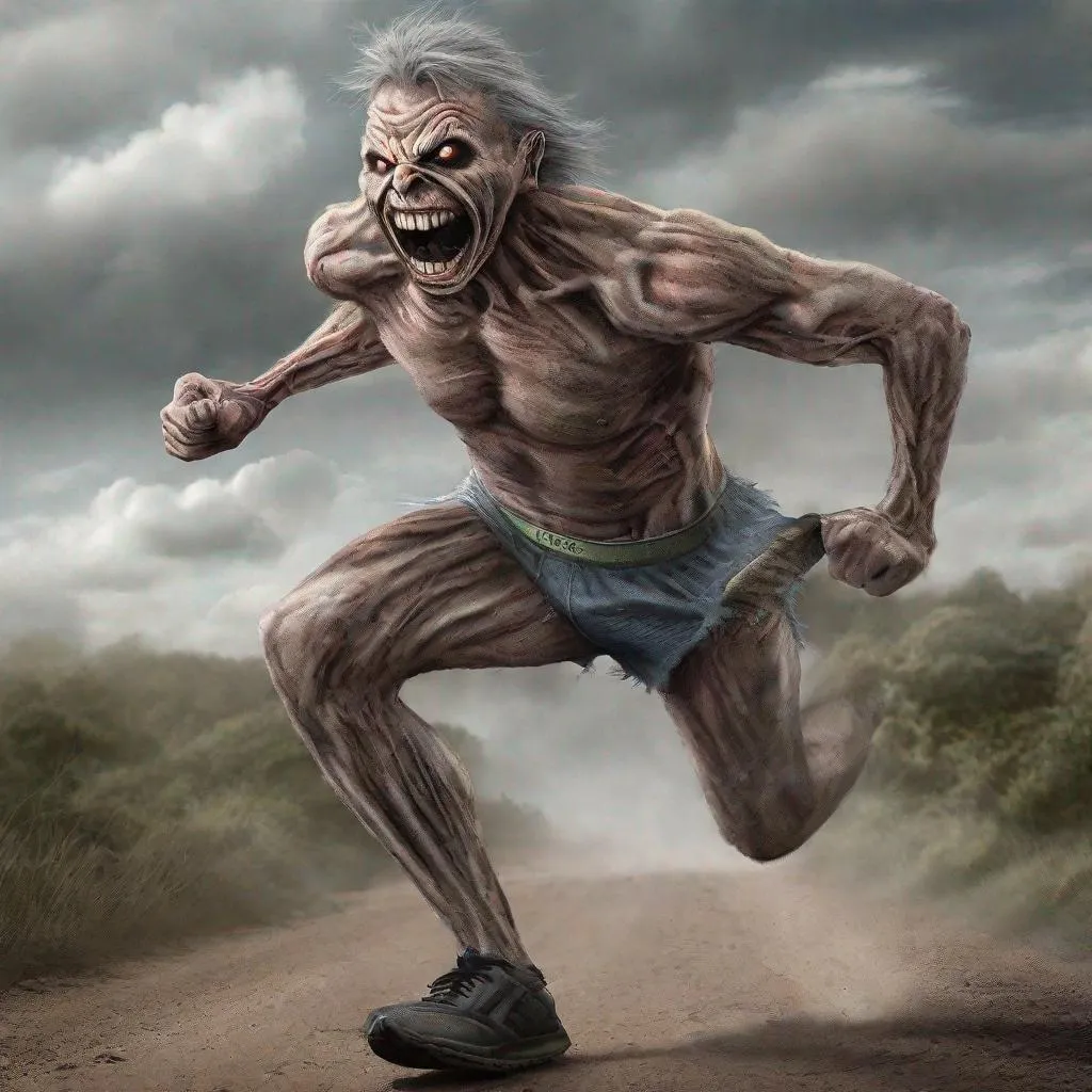 Prompt: Eddie from Iron Maiden is a long distance runner