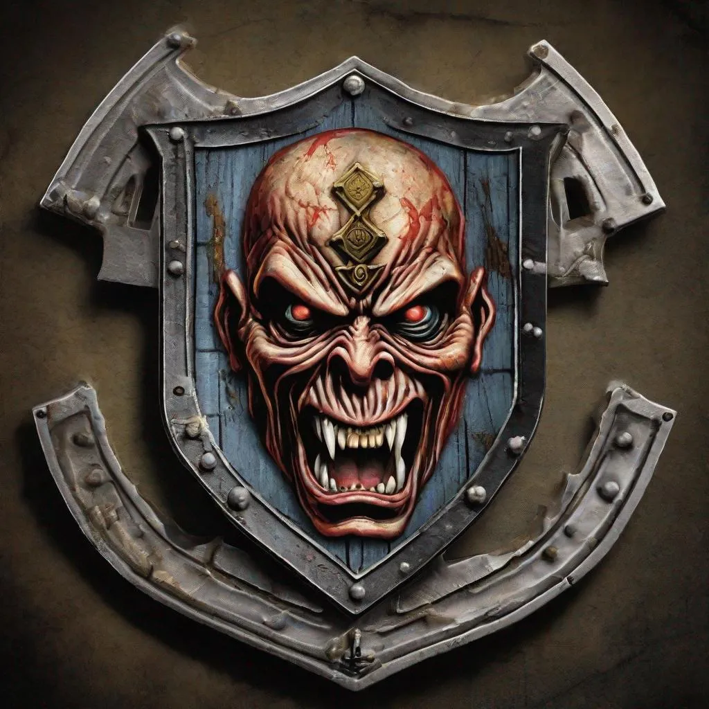 Prompt: A shield with Eddie from Iron Maiden on it