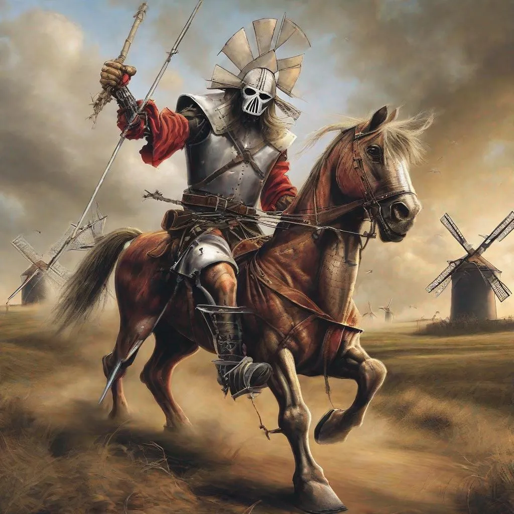 Prompt: Eddie from Iron Maiden as don Quichot fighting windmills