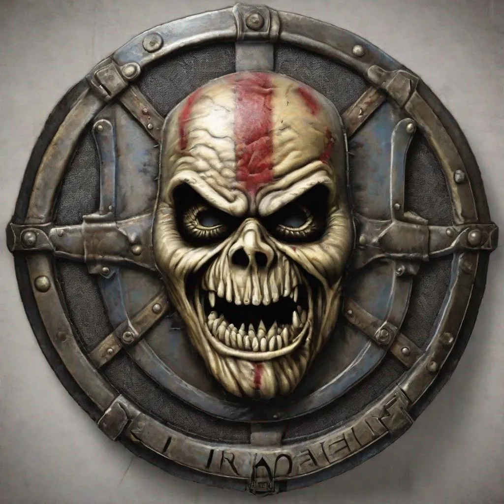 Prompt: A shield with Eddie from Iron Maiden on it