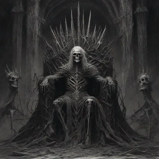 Prompt: In the darkest depths of mordor sits the bone king on his throne of bones