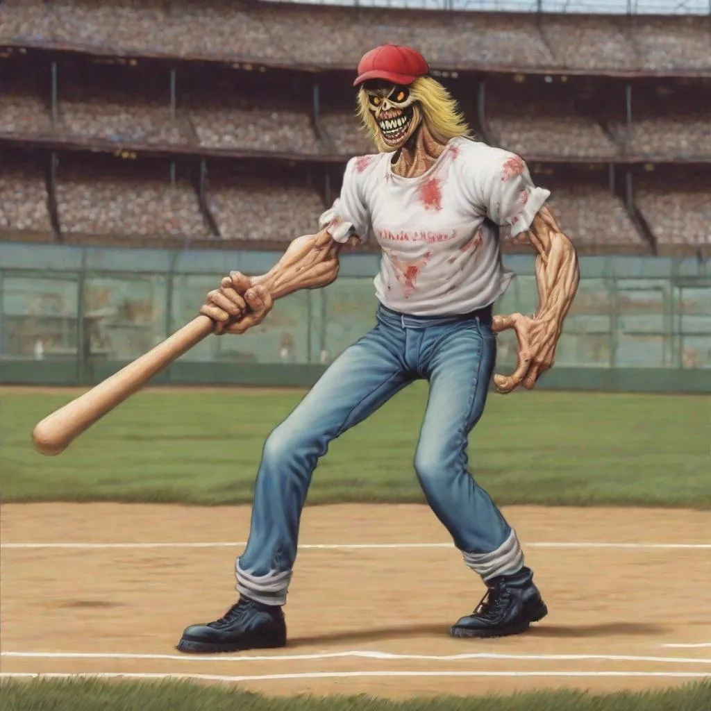 Prompt: Eddie from Iron Maiden playing baseball
