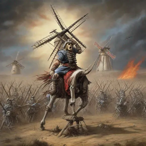 Prompt: Eddie from Iron Maiden as don Quichot fighting windmills