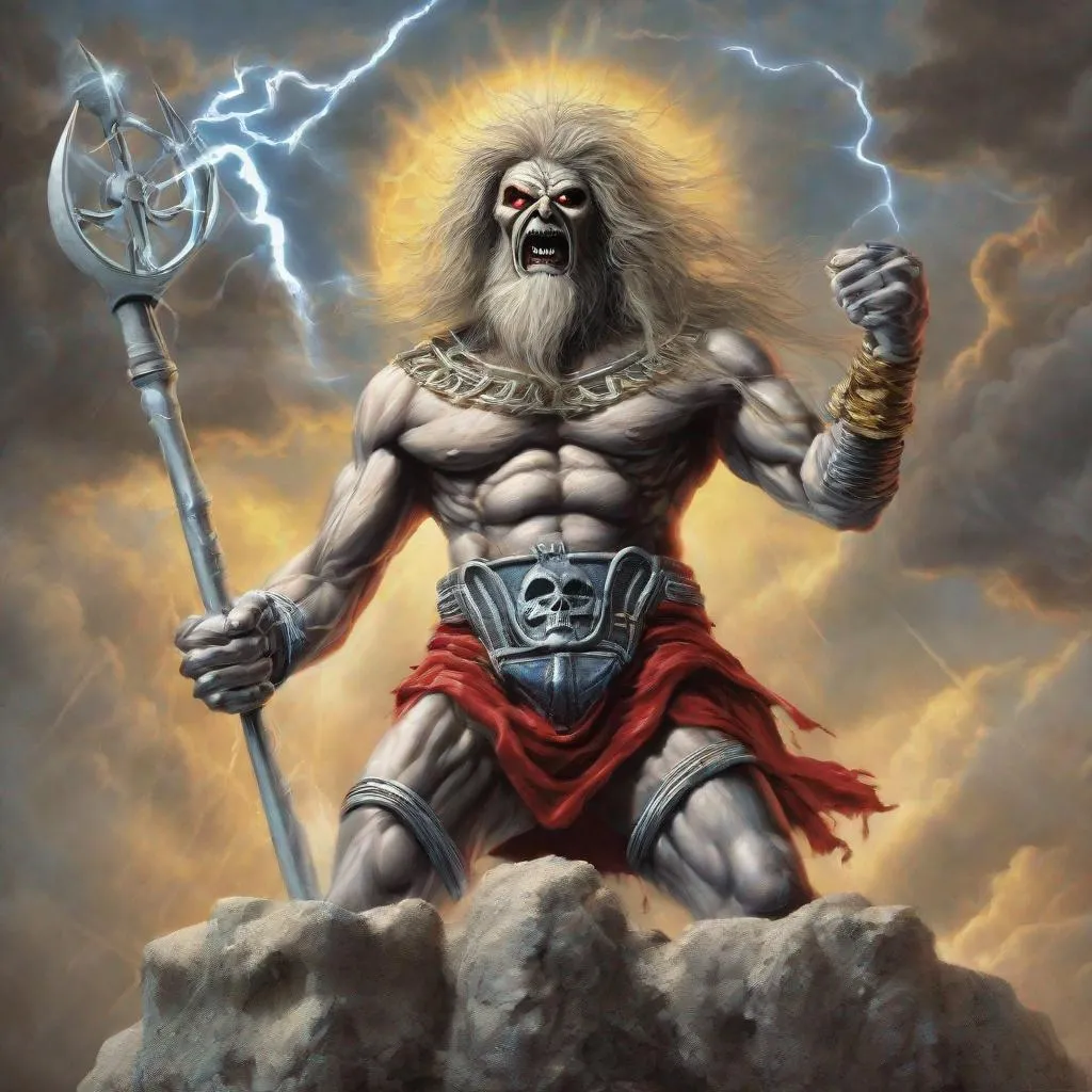 Prompt: Eddie from Iron Maiden as zeus