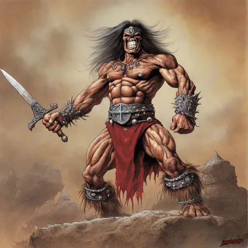 Prompt: Eddie from Iron Maiden as conan the barbarion