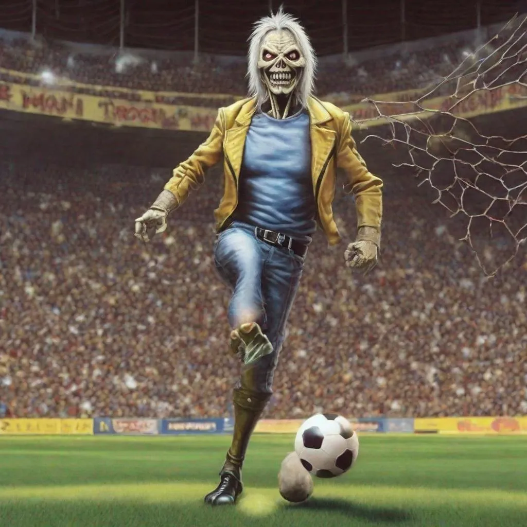 Prompt: Eddie from Iron Maiden plays soccer