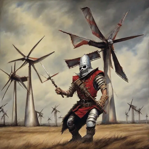 Prompt: Eddie from Iron Maiden as don Quichot fighting windmills