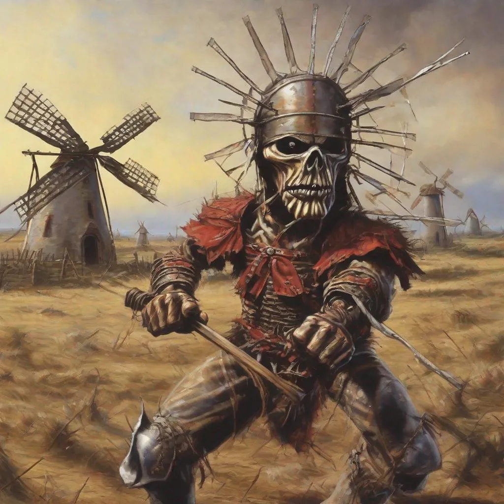 Prompt: Eddie from Iron Maiden as don Quichot fighting windmills