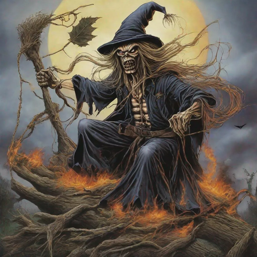 Prompt: Eddie from Iron Maiden is on a witches broom