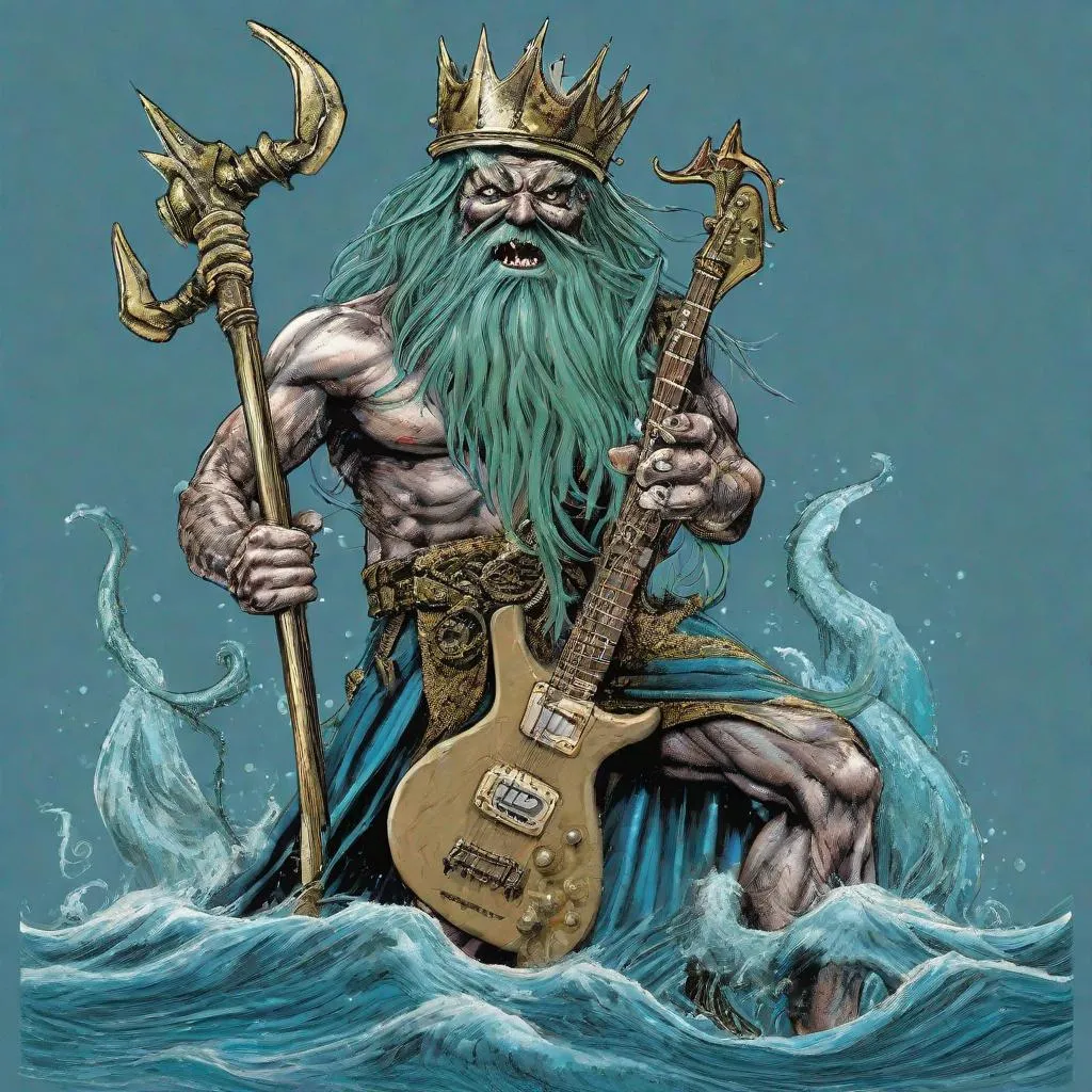 Prompt: Eddie from Iron Maiden as king neptune