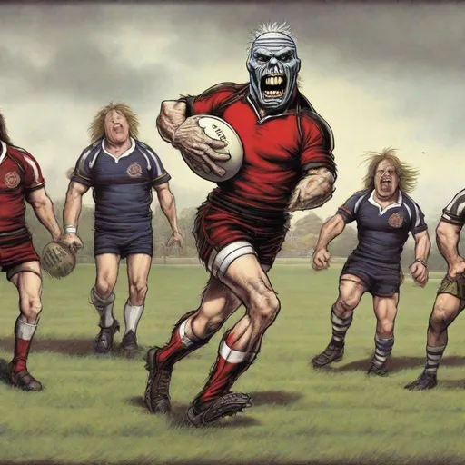 Prompt: Eddie from Iron Maiden plays rugby