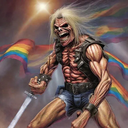 Prompt: Eddie from Iron Maiden is a lgbtqia+ fighter