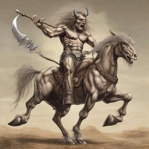 Prompt: Eddie from Iron Maiden as a centaur