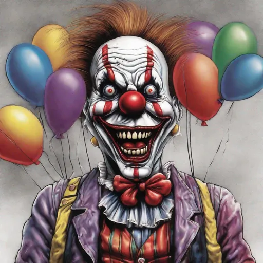 Prompt: Eddie from Iron Maiden as a horror clown with balloons in one hand