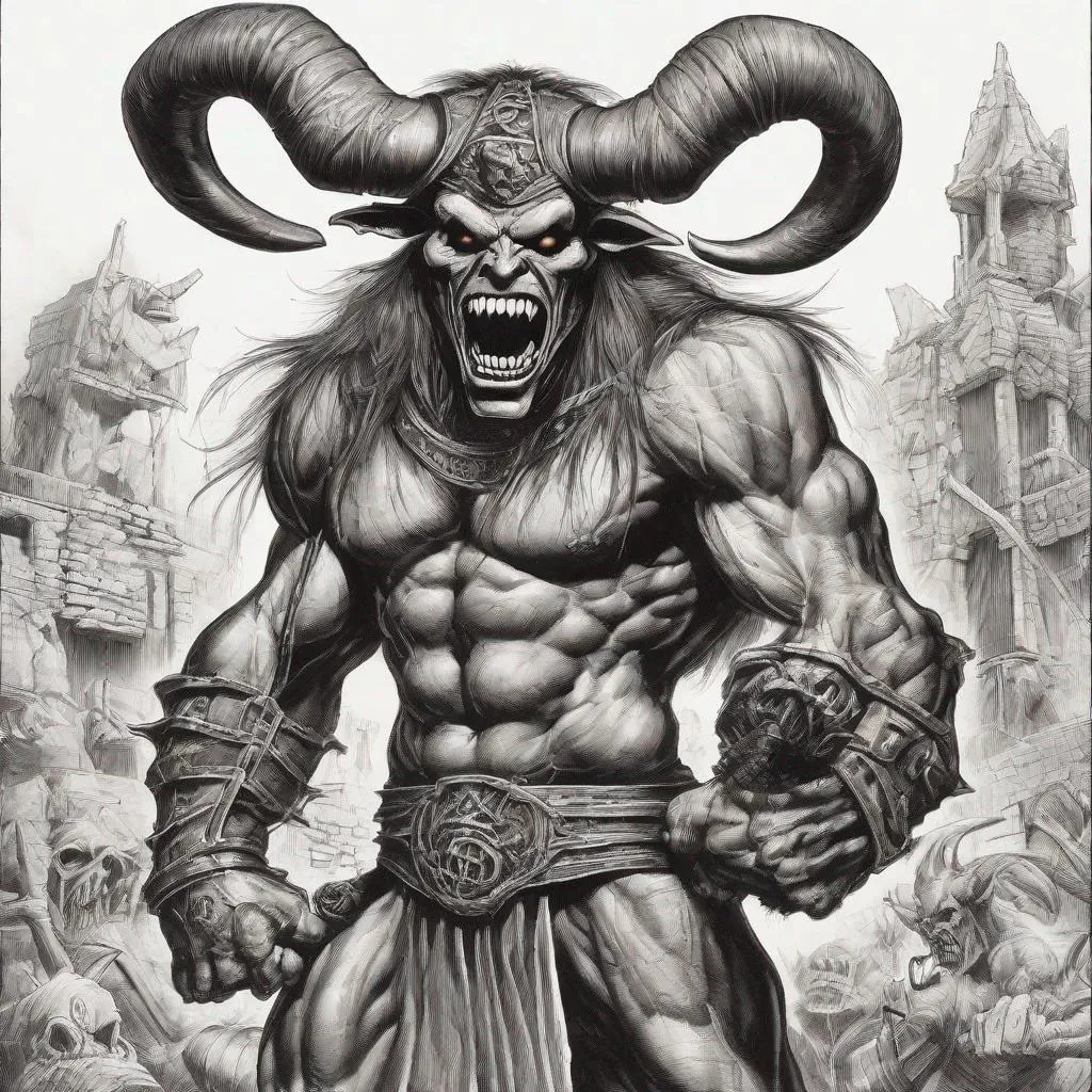 Prompt: Eddie from Iron Maiden as a minotaur