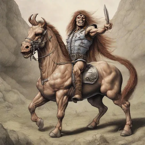 Prompt: Eddie from Iron Maiden as a centaur